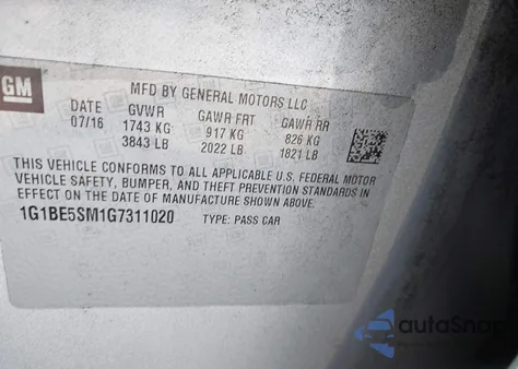 2016 Chevrolet Cruze Lt Auto from USA, damaged, VIN 1G1BE5SM1G7311020